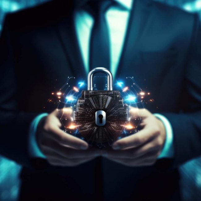 Business professional holding a digital padlock symbol representing advanced protection by K9 Security Services Ltd
